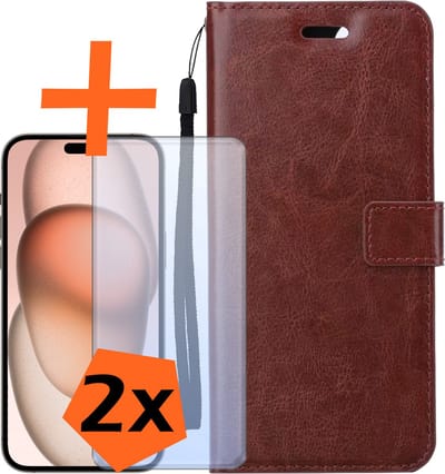 Hoes - Met 2x Screenprotector - Geschikt voor Apple iPhone 15 - Luxe Pasjeshouder - Bookcase Portemonee - Flip Case - Kunstleer Book Case - Flipcase Hoes - Book Cover - Walletcase - PortemonneeHoes - Bruin