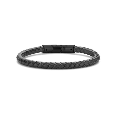 Frank 1967 7FB-0661 Gevlochten Lederen Armband - 6,8mm - 21cm - Leer - Staal - Zwart