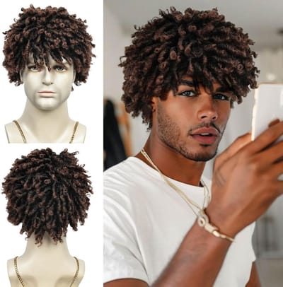 Korte Dreadlock Perucques voor Mannen met Krullend Afro Twist en Sinthetische Vezels, 22 cm (Zwart naar Bruin)