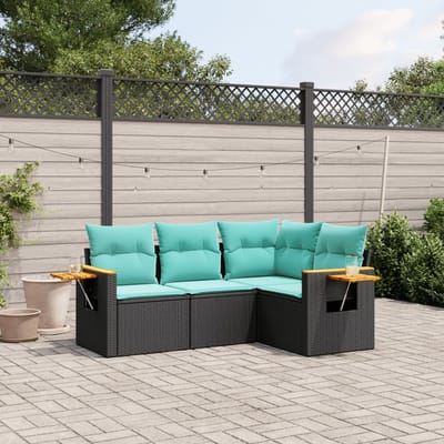 vidaXL - 4-delige - Loungeset - met - kussens - poly - rattan - zwart