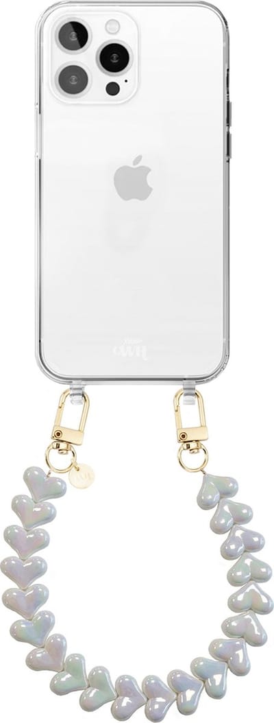 xoxo Wildhearts siliconen hoesje geschikt voor iPhone 16 Pro Max hoesje - Funky Hearts - Telefoonhoesje - Hoesje met koord - Metallic Wit koord - kort telefoonkoord - Hartjes ketting - Transparant hoesje