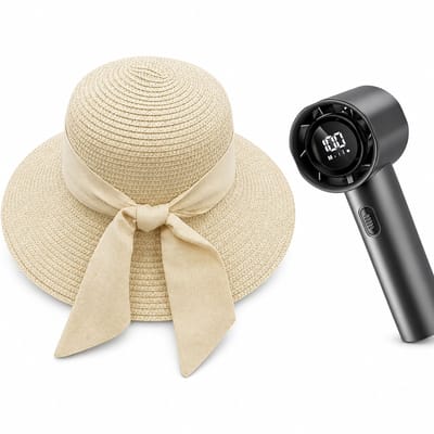 VHV - Zonnehoed en Ventilator Set - dames beige strandhoed met brede rand en kinband - Aparte handventilator - Voor strand, vakantie, reizen