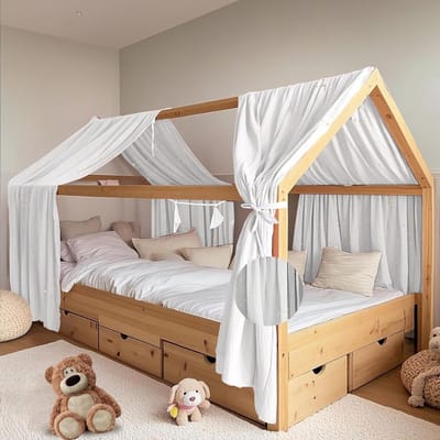 Handgemaakte Bedtent van 100% Katoen Muslin met Gouden Applicaties, Ideaal voor Kinderbeddecoratie, Set van 2, 65 x 320 cm, Geschikt voor Jongens en Meisjes