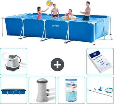 Intex Rechthoekig Frame Zwembad - 450 x 220 x 84 cm - Blauw - Inclusief Afdekzeil - Zwembadfilterpomp - Filter - Schoonmaakset - Zoutwatersysteem - Zwembadzout - 7-delig