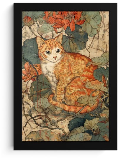 Poster in lijst - Fotolijst 20x30 cm - Posters - Kat - Sierlijk - Bloemen - Posterlijst zwart - Decoratie - Wanddecoratie woonkamer - Muurdecoratie slaapkamer