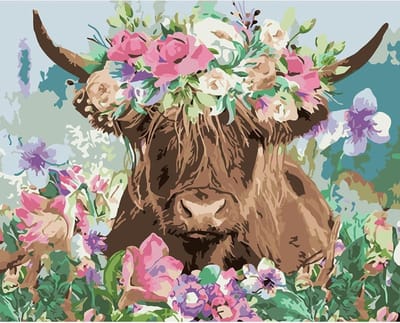 Highland Cattle Schilderen op Nummer, Bloemen Schilderset voor Beginners, DIY Canvas Olieverf Kit voor Volwassenen met Penseel en Acrylverf voor Kamerdecoratie 40x50cm