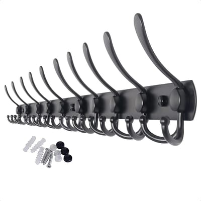 Hoexs Wandkapstok 30 Haken - 86cm - Zwart - RVS - Montagemateriaal