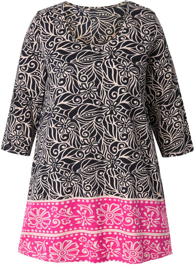 Ulla Popken - Dames - Longshirt A-lijn ronde hals 3/4-mouw - Zwart - Maat 50+
