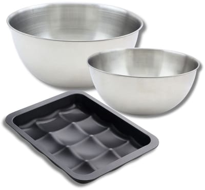 Set met 1 Bakvorm voor 12 mini broodjes 36 x 27 cm, 1 spatel Zenker en 2 roestvrijstalen mengkommen Fackelmann
