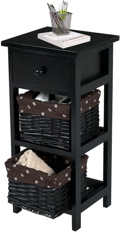 COSTWAY Nachtkastje met lade en 2 opbergmanden, bijzettafel rieten commode, laderek voor slaapkamer en woonkamer, 28 x 26 x 60 cm (zwart)