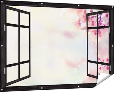 Gards Tuinposter Doorkijk Roze Bloesemboom met Zonneschijn - 150x100 cm - Tuindoek - Tuindecoratie - Wanddecoratie buiten - Tuinschilderij