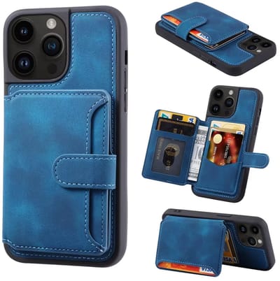 Luxe Lederen Telefoonhoes Geschikt voor iPhone 17 – Schokbestendige Flip Case met Kaarthouder, Kaartsleuf, Standfunctie, Volledige 360° Bescherming, Premium Design, Telefoonhoesje, Portemonnee Hoes, Back Cover-BLAUW