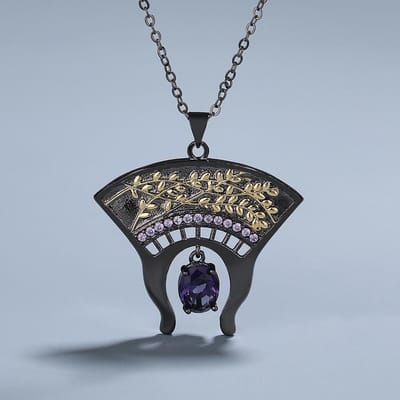 Vintage Zwart en Goud Tweekleurig Waaiervormig Blauw Zirkoon Ketting Please consult customer service. gray