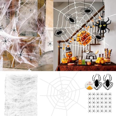 Halloween Spinnenweb Set - Spinnenweb Decoratie - Creëer Horrorsfeer - Rekbaar tot 1500 m²