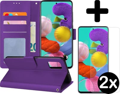 Hoesje - Met 2x Screenprotector - Geschikt voor Samsung Galaxy A51 - Luxe Pasjeshouder - Flip Case - Bookcase Portemonee - Kunstleer Book Case - Flipcase Hoes - Book Cover - Walletcase - Portemonneehoes - Telefoonhoes - Paars