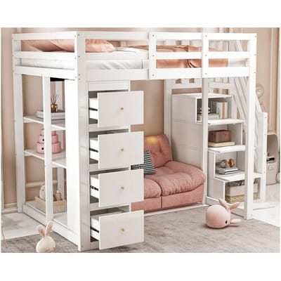 ModernLuxe Mezzaninebed 140x200cm in massief hout - met 4 laden en opbergtrap - Wit (matras niet inbegrepen)