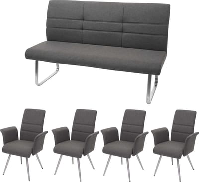 Set van 4 eetkamerstoelen + bank MCW-G55, bank, keukenstoel, stoel + armleuning, stof/textiel, roestvrij staal ~ grijsbruin, bank 160 cm