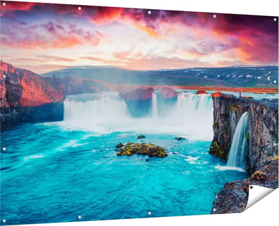 Gards Tuinposter Watervallen op het Blauwe Water in IJsland - 180x120 cm - Tuindoek - Tuindecoratie - Wanddecoratie buiten - Tuinschilderij