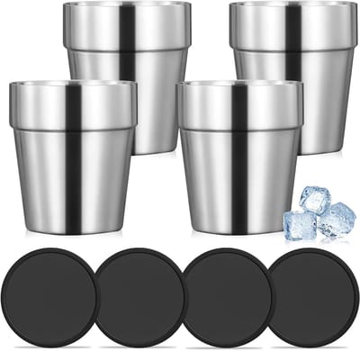 Set van 4 Dubbelwandige RVS Mokken met Siliconen Onderzetter, Stapelbare Espresso- en Koffiemokken voor Thuis, Feest of Camping, 175 ml