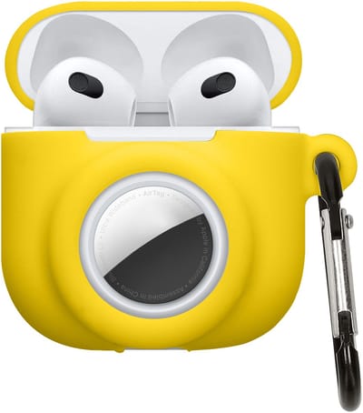 kwmobile oordopjes case geschikt voor Apple Airpods 4 hoesje - Oortjes cover met AirTag houder - In-ear koptelefoon hoes - Silicone in geel
