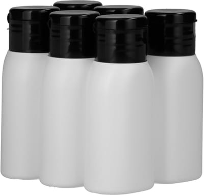 6 x 50 ml Platte fles HDPE wit + Klepdop zwart - BPA Vrij - Niet Breekbaar - Plastic Flesjes Navulbaar - Met Dop - Lege Flessen - 6 stuks