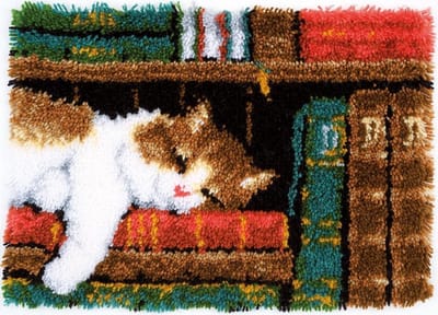 Vervaco - Knooptapijt kit - Slapende kat in boekenrek - PN-0149896 - Borduren - Borduurpakket - Borduurpakket volwassenen - Borduurpakket kind