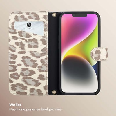 Selencia Hoesje - Geschikt voor Apple iPhone 14 / 13 - Sabi Bookcase met panterprint - Soft Ivory