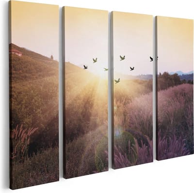 Artaza Canvas Schilderij Vierluik Silhouet Zwerm Vogels Bij Zonsondergang - 80x60 - Foto Op Canvas - Canvas Print