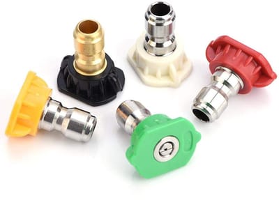 Dailygoods- Drukwasmachine Nozzles Set 5 Stuks - Roestvrij Staal/Messing - 0/15/25/40/65 Graden - Snelle Verbinding - Tot 4000 PSI - Duurzaam Materiaal - Hogedrukreiniger Mondstukken