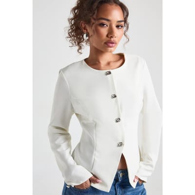 boohoo Dames Blazer zonder kraag met zilveren afwerking | Ecru | Maat: 36