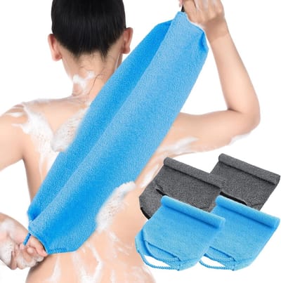 Rugschrobber Set - Douche Handdoek - Lichaam Reinigen - Met Handgrepen - Uitrekbaar 94cm - Blauw Grijs