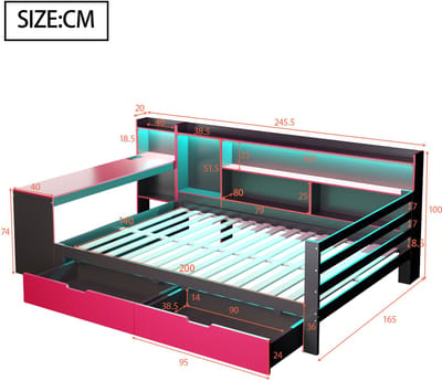 DESMIU Multifunctionele Bedbank 140x200cm Zonder Matras – Bedbank Met Bureau, Opbergvakken En Laden – Voor Slaapkamer En Woonkamer – Hout – Zwart Rood