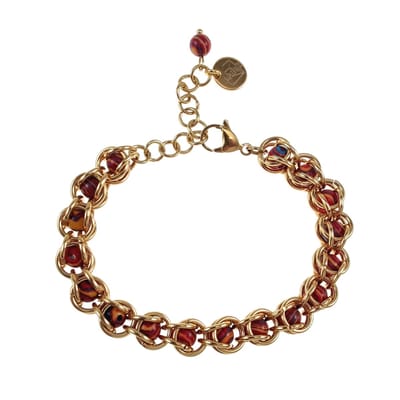 Schakelarmband Dames - Verguld RVS - Natuurlijke Rode Malachiet Stenen - Verstelbaar 15-19 cm