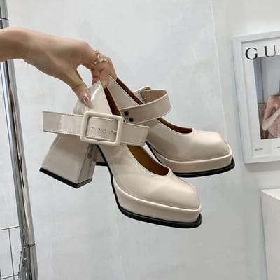 Dikke zool Sponscake Mary Jane Hoge Hakken Dames Lente en Zomer Retro Frans Niche Design Sense Jk Kleine Leren Schoenen Vierkante Neus 38 gray