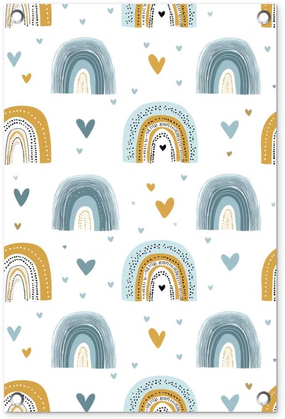 Tuinposter 40x60 cm - Tuindecoratie Patroon - Regenboog - Hartjes - Poster voor in de tuin - Buiten decoratie - Schutting tuinschilderij - Tuindoek muurdecoratie - Wanddecoratie balkondoek