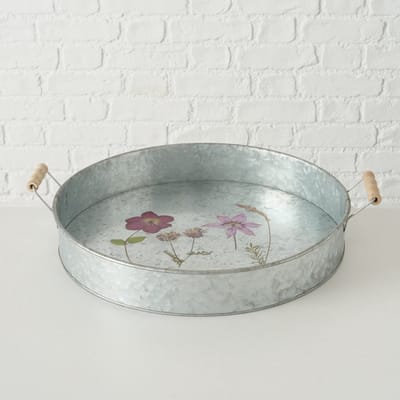 dienblad Drya set van 2 stuks metalen / zink dienblad met bloem motief