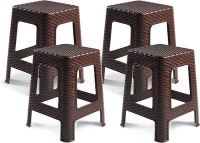 Plasticforte zit/bijzet krukje - 4x - Rotan line - donkerbruin - kunststof - 28 x 28 x 45 cm - opstapje