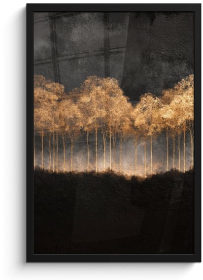 Poster in lijst - Fotolijst 40x60 cm - Posters - Gouden Bomen in Mistig Landschap - Posterlijst zwart - Decoratie - Wanddecoratie woonkamer - Muurdecoratie slaapkamer