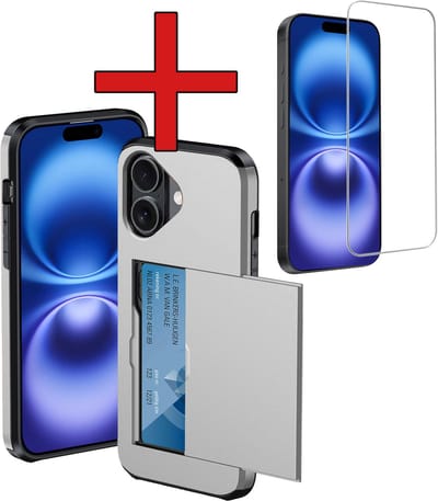 Hoesje Geschikt voor iPhone 16 Hoesje Met Pasjeshouder Hard Case Met Kaarthouder Met Screenprotector - Hoes Geschikt voor iPhone 16 Hoesje Pashouder Case - Grijs