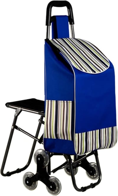 Boodschappentrolley met stoel - Winkelwagen met wielen - Boodschappen vervoeren - Trapklimmend driewielontwerp - 93 cm hoog - Blauw