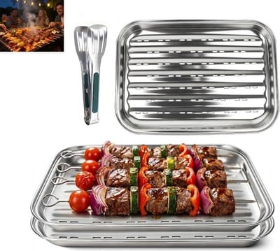 Herbruikbare grillschaal van roestvrij staal, geperforeerde bakplaat voor groenten, vlees en vis, inclusief grilltang en accessoires, ideaal voor barbecue en grillen