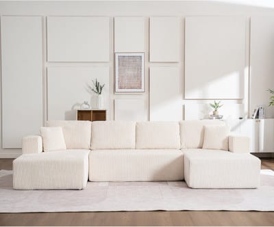DESMIU U-Bank 332 Cm - Modulair Zonder Montage Met Zachte Kussens - Voor Woonkamer En Slaapkamer - Ribfluweel Wit