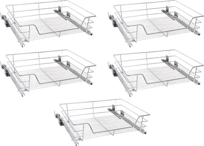 Eleganca draadmand met Ondergeleider en Soft Closing - Keukenkast schuiflade - B41.5 cm, H14 cm & D44.5 cm - Uitschuifbaar keukenrek - Geschikt voor kastjes met frontbreedte van 50 cm - Inbouwlade - Maximale draagkracht 20 kg- RVS - Zilver - 5 Stuks
