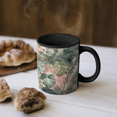 Magische Mok - Foto op Warmte Mokken - Koffiemok - Compositie van bladeren - Groen - Roze - Magic Mok - Beker - 350 ML - Theemok