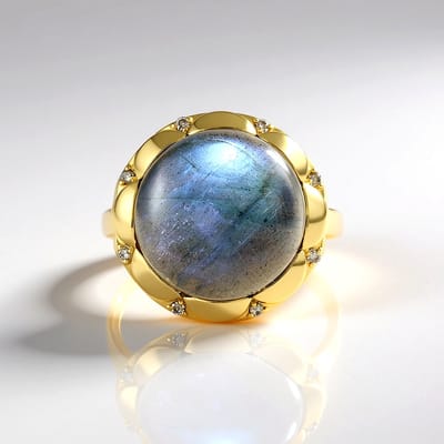 Cavill - Zilveren Ring Verguld - 13,5 ct Groene Minary Labradoriet Ronde Cabochon - 0,072 ct Champagne Diamanten - Handgemaakt Luxe Sieraad