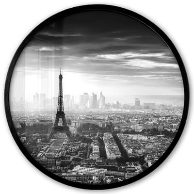 Poster in lijst Rond - Fotolijst 40x40 cm - Posters - Parijs - Skyline - Eiffeltoren - Stad - Wolken - Ronde posterlijst zwart - Decoratie - Wanddecoratie woonkamer - Muurdecoratie slaapkamer