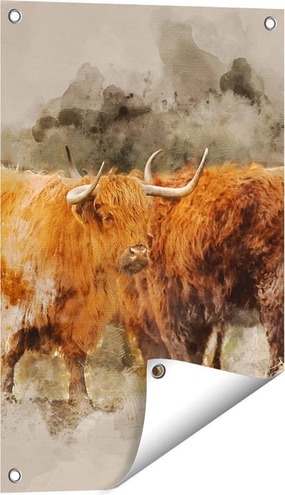 Gards Tuinposter Twee Schotse Hooglander Koeien - Abstract - 40x60 cm - Tuindoek - Tuindecoratie - Wanddecoratie buiten - Tuinschilderij