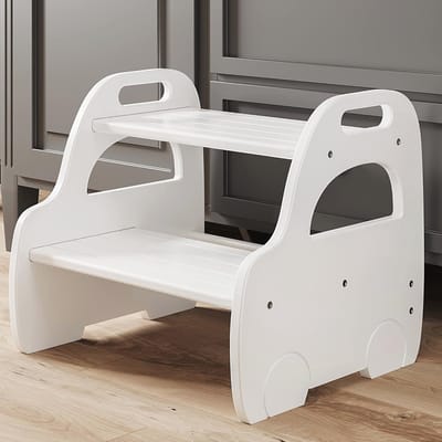 Houten opstapkruk voor kinderen met veiligheidsanti-slip pads en handgrepen - Witte bamboe kruk voor badkamer, slaapkamer, en keuken