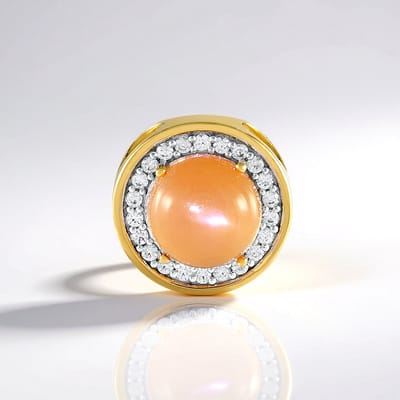 Cavill - Zilveren Vergulde Hanger met 4,5 ct Perzikkleurige Maansteen India - Ronde Cabochon - 22 Zirkonen - Elegante Dames Sieraden
