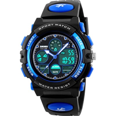 SKMEI Hoogwaardig kindersporthorloge met dubbele bewegingen, 5ATM waterdicht kinderhorloge met alarm blauw